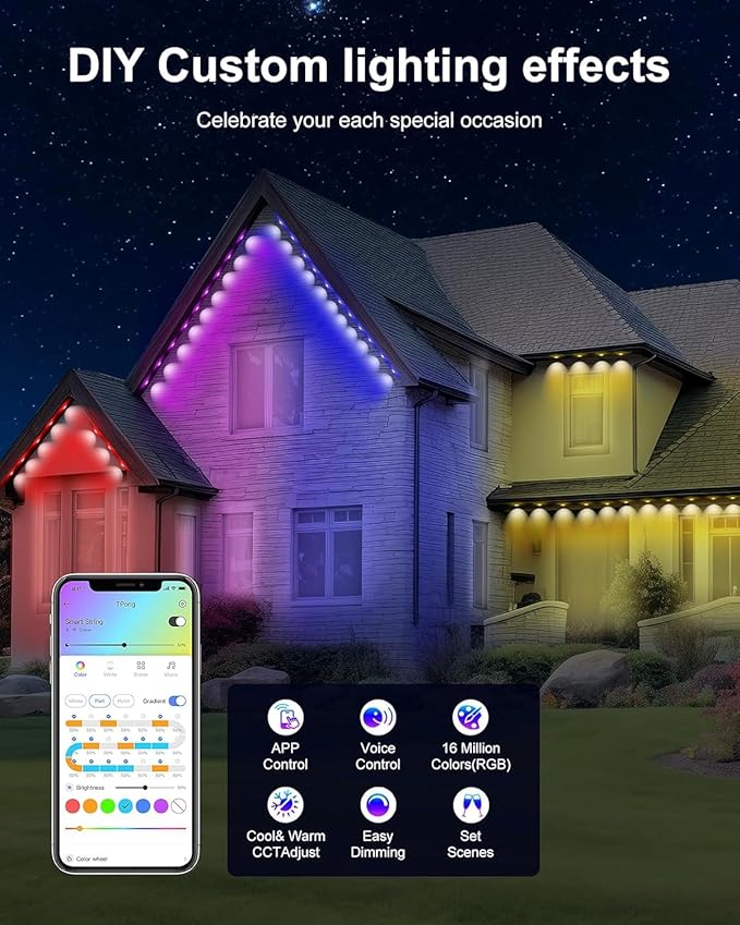Permanent Outdoor Lights - Smart Outdoor LED Lights, 100ft RGB Color Changing, 54 Scene Modes, App Control, Waterproof IP67, Alexa Compatible