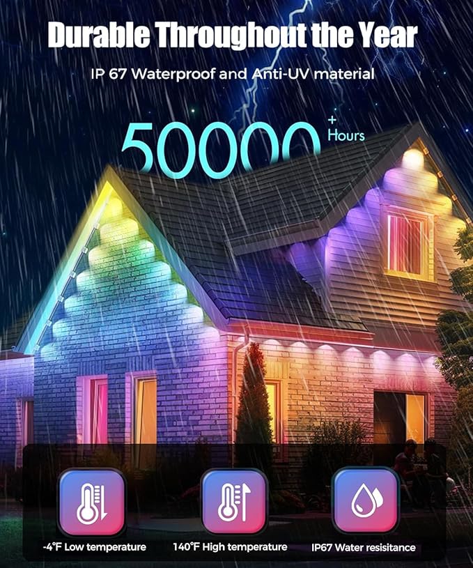 EJ's SUPER CAR Permanent Outdoor Lights, 100ft Smart Eave Lights with RGB LED Light, IP67 Waterproof, App Control, DIY RGB Light for House Halloween Decorations