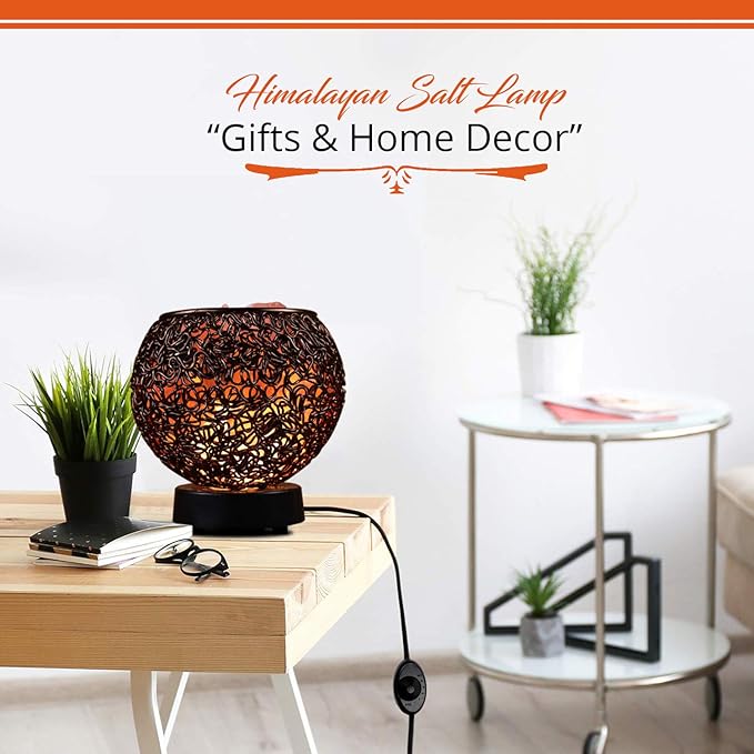 Plemo Natural Himalayan Salt Lamp with Genuine Wood Base in Classic Round Metal Basket with Dimmable Cord and Luxury Gift Box