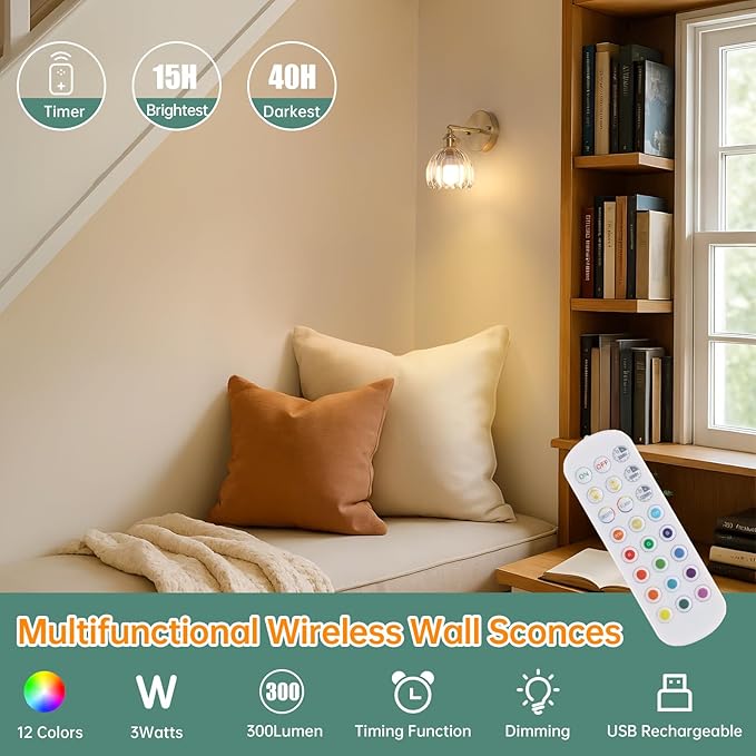 Vintage Battery Operated Wall Sconce with Cute Transparent Tulip Glass Lampshade Wireless Rechargeable Battery Powered Wall Light with Remote Control for Bedside Bedroom Doorway