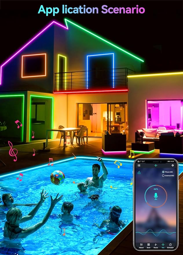 IP67 50FT Continuous RGB+IC DIY Design Outdoor Led Strip Lights Waterproof with Wi-Fi+Bluetooth App Compatible with Alexa,Google Assistant,Themable for Football Clubs Color Changing LED Rope Lights