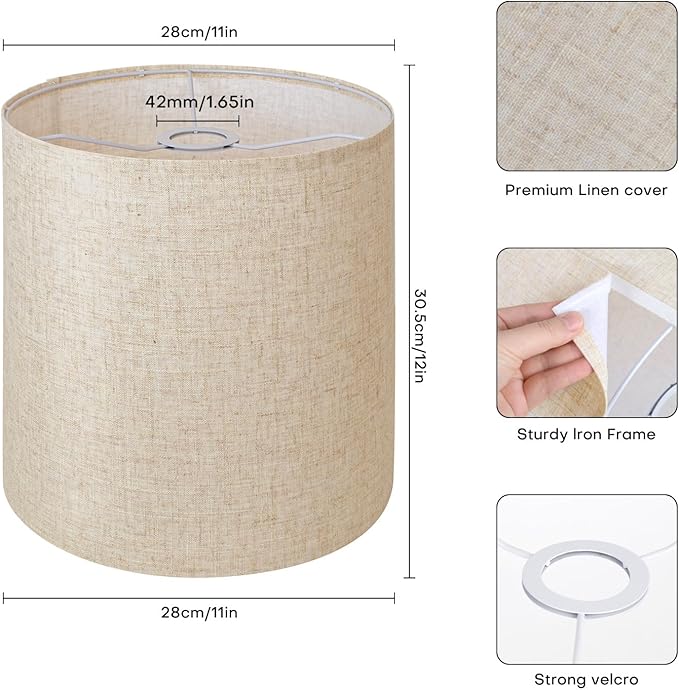 Beige Linen Tall Drum Lampshade, 11" Top x 11" Bottom x 12" High Lamp Shade, Lamp Shade Replacement for Table and Floor Lamps, Pendant Light，Handcrafted Lampshade，Easy Assembly