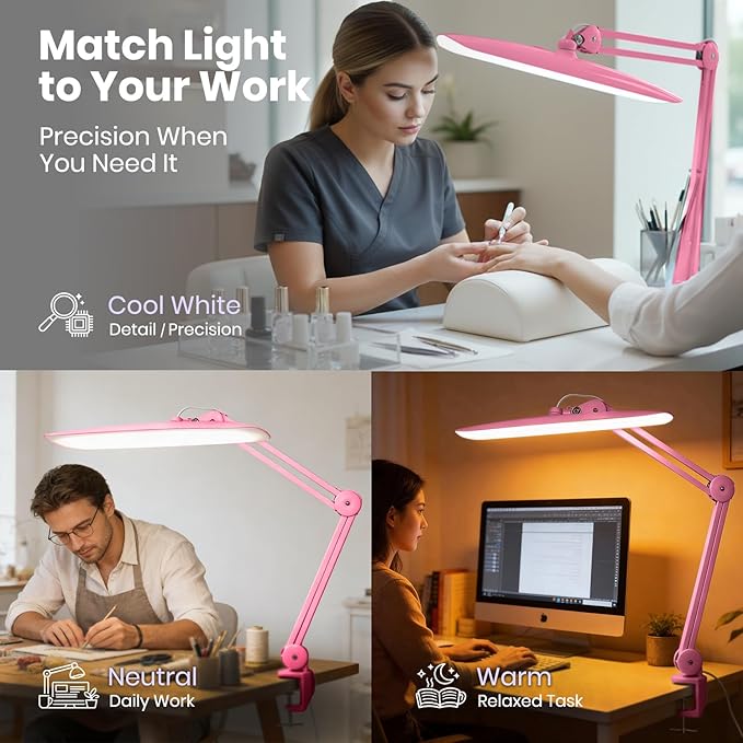 Neatfi XL LED Desk Lamp with Clamp, 2200 Lumens, 20W, 20-Inch Wide Head, Dimmable 4 Brightness Levels, 3 Color Modes 3000K–6000K, Task Light for Home Office, Crafts, Workbench (CCT, Pink)