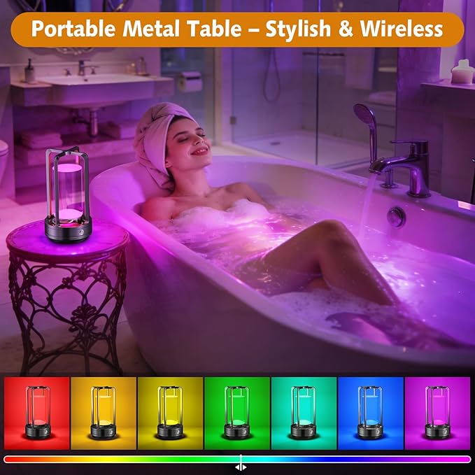 Portable Table Lamp for Outdoor Indoor: Cordless Rechargeable Desk Lamp with 3 Color Stepless Dimmable - Metal Battery Operated Lantern Light for Bedroom/Bar/Coffee Shop/Camping (Black+RGB)