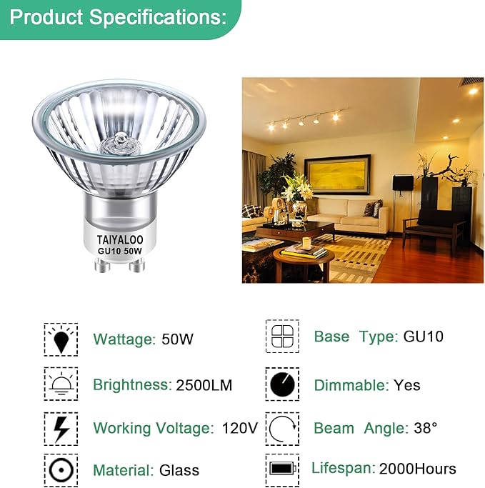 GU10 Halogen 50W Bulbs, Dimmable MR16 GU10+C 120V 50W for Track, Recessed, Accent Light, Range Hood Light Bulbs, 2700K Warm White, Pack of 4
