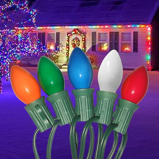 C7 Multicolor Christmas Lights Outdoor 25Ft Vintage Christmas String Light with 27 Ceramic Multicolor Bulbs(2 Spare), Hanging Rainbow Lights for Holiday, Prom, Party, Wedding, Christmas Decor