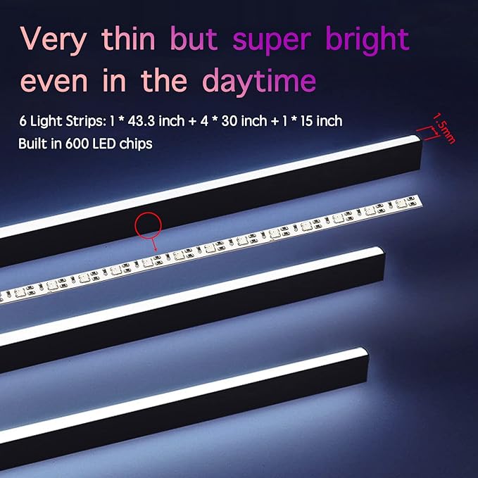 Interior Car LED Lights, RGB Dream Color Acrylic LED Lights for Car, Ambient Lighting Kits with Wireless APP and RF Remote Control, Music Sync Dynamic Chasing (10 in 1)