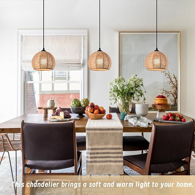 3 Pack Woven Pendant Light Boho Chandelier Dome Rustic Farmhouse Chandelier Hemp Rope Lights Rattan Light Fixture for Dining Room Living Room Bedroom Kitchen (Warm White Bulbs Incl.)