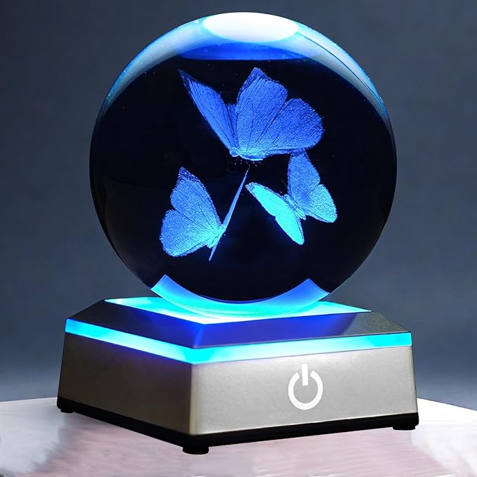 3D Crystal Ball Night Light with LED Colorful Touch Base - Butterfly Gifts for Women, Kids & Teens - 3.15' Glass Sphere Lamp - Home Decor