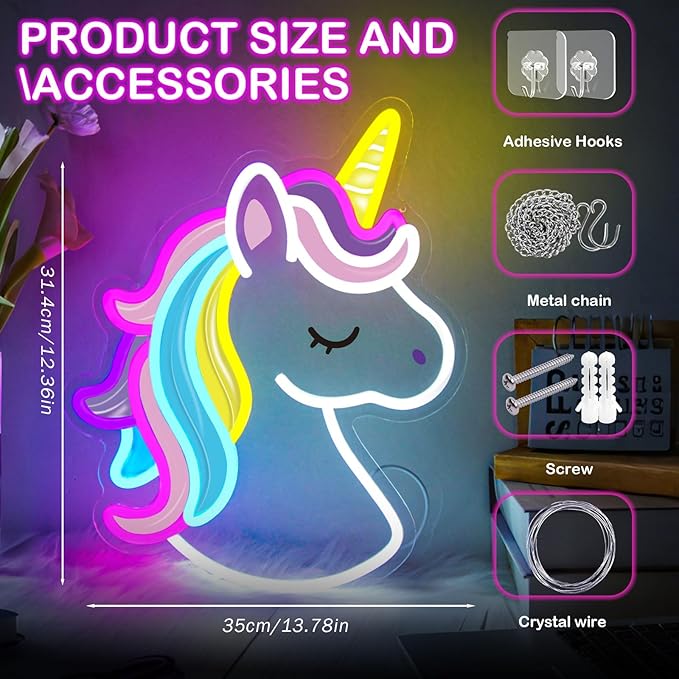 Unicorn Neon Sign, Colorful Unicorn Neon Lights for Wall Decor Dimmable Unicorn Led Signs for Girls Room Bedroom School Classroom Nursery Party Christmas Birthday Decoration Gifts