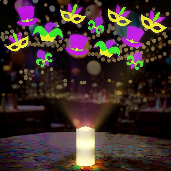 Baquler Mardi Gras Projector Light Decor Mardi Gras Flameless Candles Battery Operated LED Candle Table Decoration for Indoor Window Night Light with Remote Timer Carnival Party Home Prom Room Decor