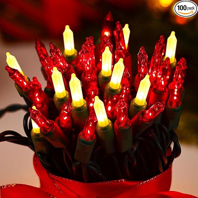 Christmas String Lights - 24ft 100 Incandescent Multi Color Mini Bulbs Lights,Red&White Lighting Decor for Outdoor&Indoor Use, Fairy Garden, Yard, Home, Party, Holiday, Halloween Decoration