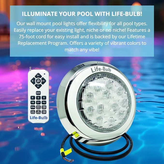 LED Color Changing Pool Light with Remote, Wall Mount, 75ft Cable, 12V 60W - Nicheless Pool Light - Lifetime Replacement Warranty