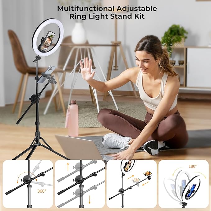 Aureday 12" Overhead Ring Light with Stand, Dimmable Ringlight with Phone & Mic Holder, 62" Adjustable Tripod for Video Recording, Live Streaming, Tiktok, YouTube, Makeup, Cooking