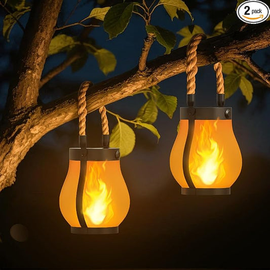 Hompavo Gen2 Solar Lanterns Outdoor with Ultra-Real Flame, Dual Charging (USB/Solar) & 2 Modes - Waterproof Decorative Hanging/Table Lights for Yard Patio Garden Gift Halloween Christmas Decoration, 2
