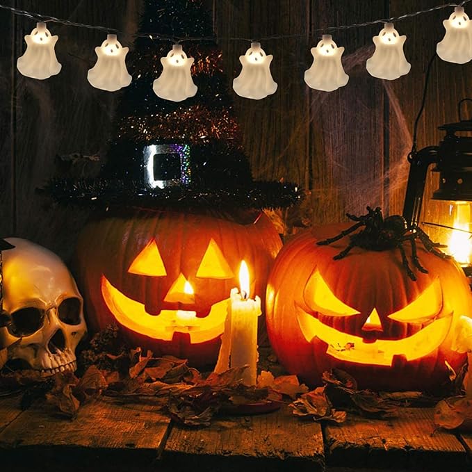 Halloween Ghost String Lights, 8.5Ft Outdoor Halloween Decorations Lights with 10 White Ghosts Lights Waterproof, Hanging Ghosts Fairy Lights UL Listed for Patio Garden Backyard Party Bedroom Window