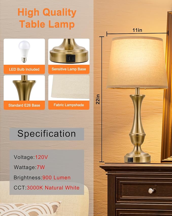 Seealle Upgraded Touch Lamps for Night Stands Set of 2 - Bedside Lamps with USB C+A, 3 Way Dimmable for Bedroom Living Room End Tables Office (Oat Shade&Coppery Base)