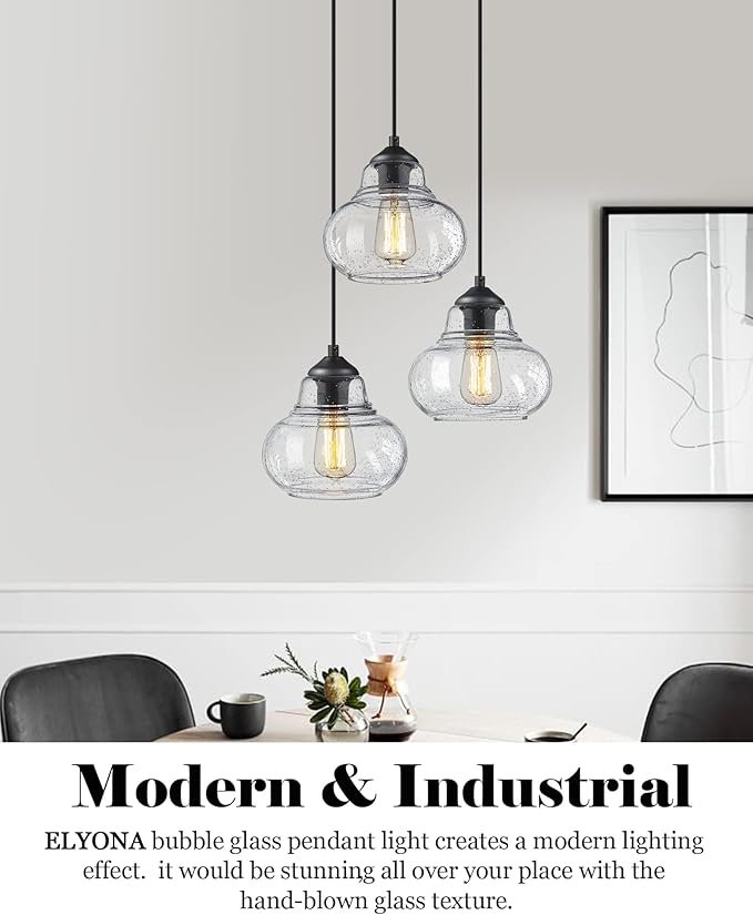 ELYONA 8 Inch Globe Pendant Light Bubble Glass Industrial Kitchen Island Hanging Pendant Light Fxiture Modern Hand Blown Seeded Glass for Farmhouse Dining Room Bar Bedroom Living Room Black