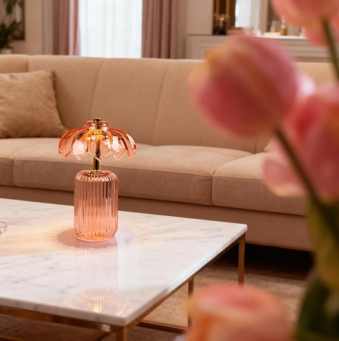 MJ PREMIER Cordless Lamp, Battery Operated Lamp with Timer, Crystal Glass Flower Lampshade, Small Table Lamps, Decorative Led Light for Bedroom Living Room Shelf (S-Pink)