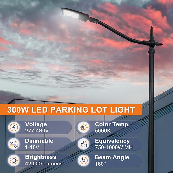 480V 300W LED Parking Lot Light, 42000LM LED Shoebox Street Flood Light (1000W MH/HPS Equiv.), 5000K Dimmable Commercial Area Lighting with 20KV Surge Protection, IP65 277-480V UL&DLC Listed