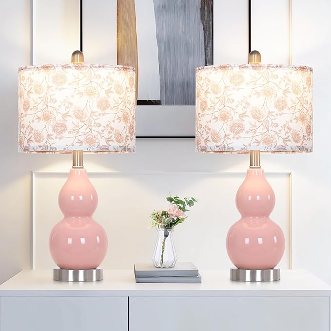Pink Double Gourd Ceramic Lamps Set of 2 with Flower Lampshade, Modern Table Lamps for Living Room, Contemporary Nightstand Bedside Lamp for Bedrooms End Tables Office Dorm Decor(2 LED Bulbs Included)