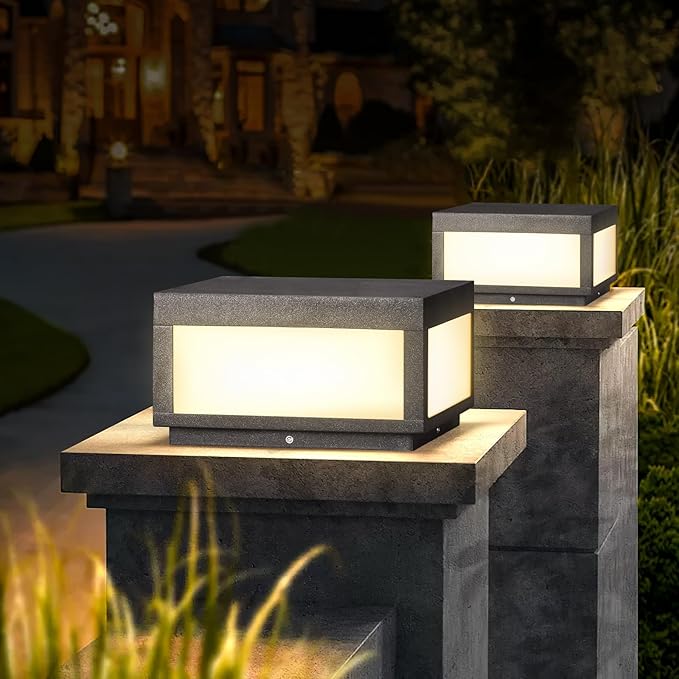 Outdoor Modern Post Light,11.8" Square Column Lamp LED Fence Post Caps Lights High Voltage Wired 3000K Luxury LED Lighting Outside with Waterproof E26 Bulb for Patio Deck Garden Decoration