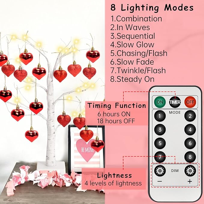 24" Valentine's LED Lighted Birch Tree with 18pcs Ornaments,Warm White LEDs Birch Tree Light Tabletop Artificial Tree 8 Lighting Modes USB or Batteries Operated with Timer for Valentine