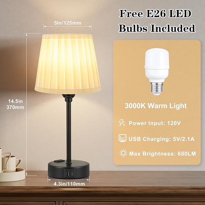 Acaxin White Bedside Lamps for bedrooms Set of 2 - White Pleated Lamp Shade with USB Charging Ports, Touch Lamps for Nighstand, Night Stand Lamp for Dorm/Office/Living Room/Class Room