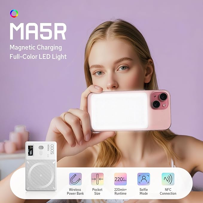 Godox MA5R RGB LED Light for iPhone 16/15/14, 1800-10000K Pocket Vdieo Panel Light,14 FX Effects, 4900mAh Battery, Magnetic Dual-Side Lighting&LCD Display