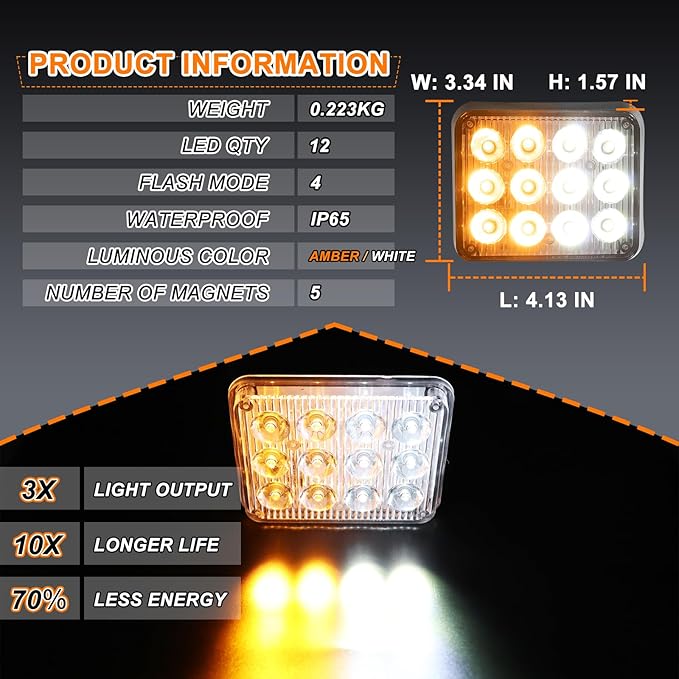 2PCS Magnetic Strobe Lights for Trucks Rechargeable LED Flashing Lights Wireless Portable LED Road Flares Marker Emergency Safety Warning Lights for Trucks Vehicles Car Tow RV(Amber White)