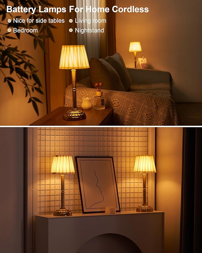 Rechargeable Cordless Table Lamps Set of 2 with Fabric Shade – Small Battery Operated Lamp, 3-Way Touch Dimmer, Portable Wireless Lighting for Restaurant Dining Bedside Kitchen Living Room Patio
