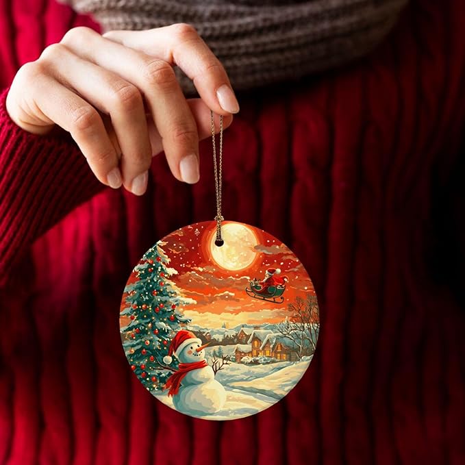 Merry Christmas Snow Scene Santa Claus Christmas Ornaments, Christmas Decorations Xmas Tree Hanging Ornaments, Round Ceramic Festive Keepsake Gift for Xmas Decorations Holiday Home Decor