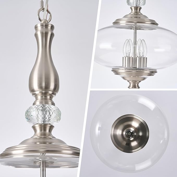 Modern Glass Large Pendant Light Brushed Nickel 5-Light Chandelier,H 27.5" x W 15.7" for Dining Room, Kitchen Island, Hallway