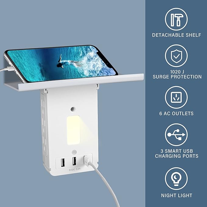 Wall Outlets Extender-2 Pack Surge Protector Outlet Wall Plug with 6 AC Outlets, USB Ports (3.4A Total), 15 A, Removable Outlet Shelf, Smart Night Light, 1020J, Wide Compatible