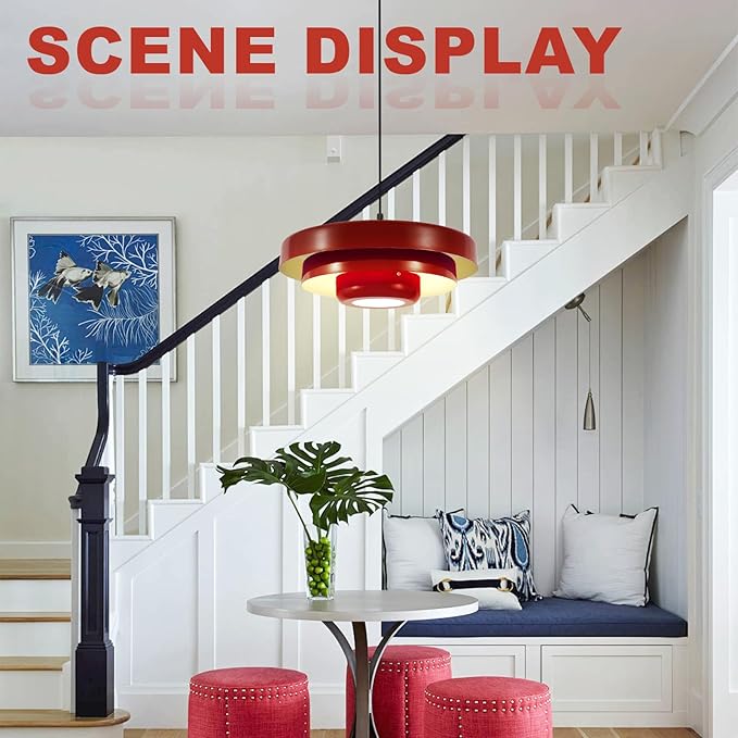 Vintage Red Ceiling Light, Large 3-Layer Metal Shade Mid Century Pendant, Industrial Hanging Light for Bedrooms, Living Room, and Hallway