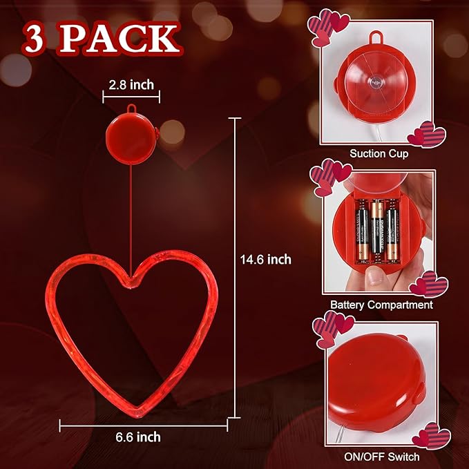 LOLStar Valentines Day Window Lights Decor with Timer, 3 Pack Battery Operated Red Heart-Shaped Window Decorations Silhouette Sucker LED Lamp Slow Fade Mode Romantic Light for 2026 Holiday Indoor Home