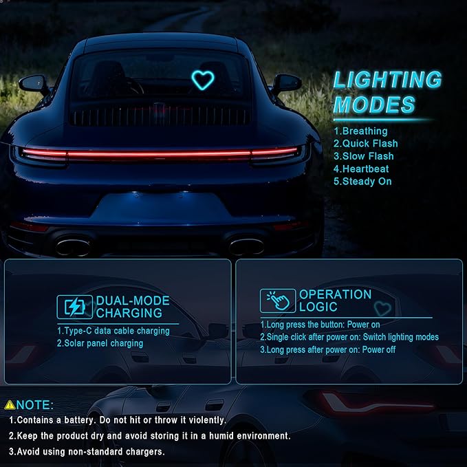 Car LED Interior Lights, Heart-Shaped Ambient Light for Windows, 5 Lighting Modes, Charging Through Type-c and Solar Energy, Car Decorations for Women Men, Pack of 1, (Ice Blue)