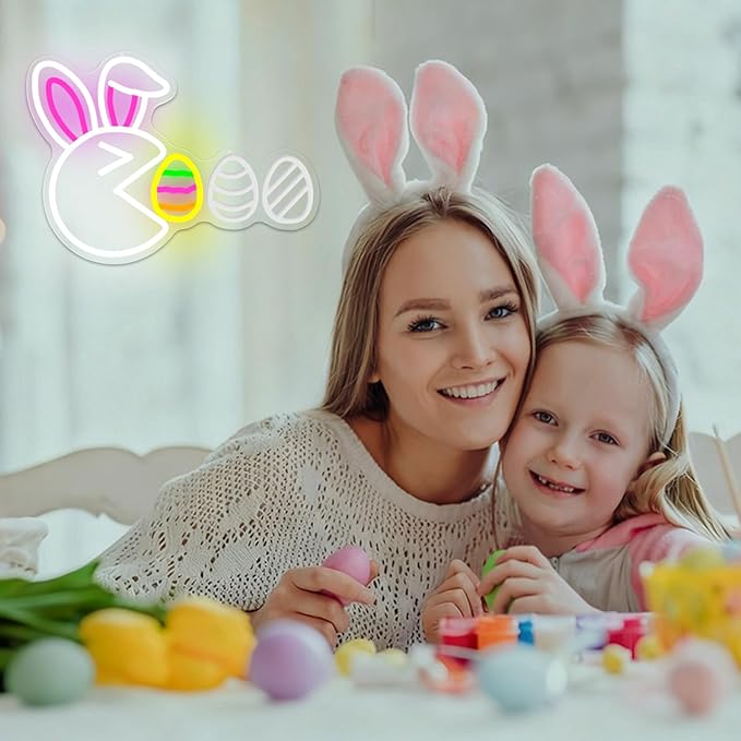 Easter Neon Sign for Wall Decor Bunny Led Sign Cute Rabbit Neon Light Easter Decorations Dimmable Funny Egg Light Up Sign for Window Spring Bar Living Room Home Holiday Bedroom Party Gifts