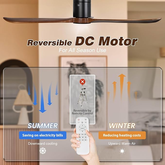 VACILL Wood Flush Mount Ceiling Fan with Light and Remote, 52 inch Low Profile Wooden Fan with 3 Blades, 6 Speed, LED Dimmable, Reversible DC Motor (Dark Brown, Wood)