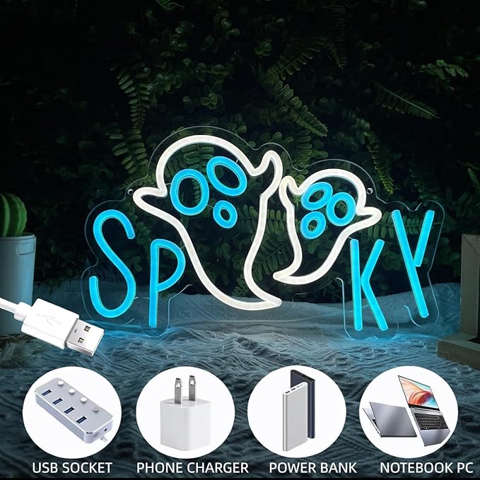 Halloween SPOOKY Neon Sign for Wall USB Powered Neon Light Up Sign for Halloween Party Decorations Bedroom Cave Room Decor Halloween Led Sign for Home Bar Window Porch Front Door Decorations