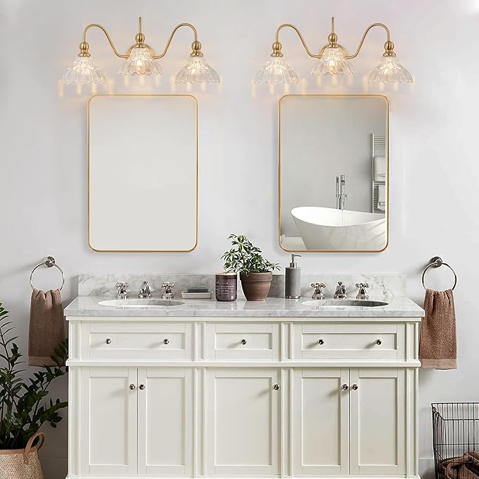 Vintage Bathroom Light Fixtures Over Mirror, 3-Light Brass Wall Sconce Lighting with Flower Glass Shade, Farmhouse Vanity Lights for Bedroom Kitchen Living Room Hallway Light