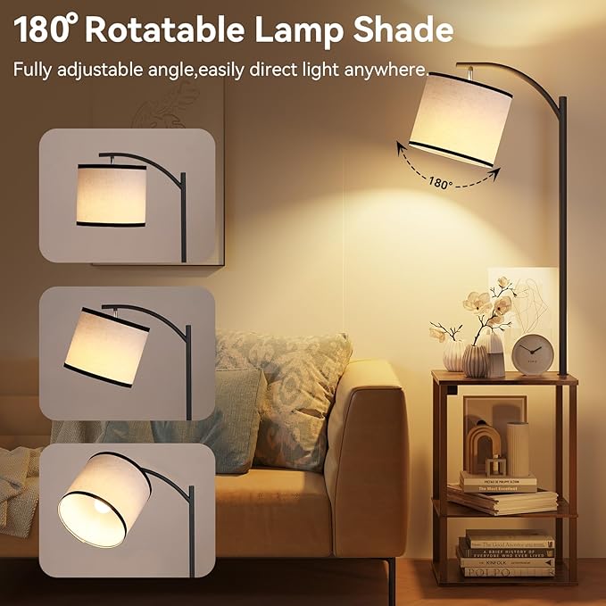 SUNMORY Floor Lamp with Table, End Table for Living Room with Lamp, Shelves Side Table with Charging Station(USB & AC Port), 3 Color Temperature LED Bulb, Modern Nightstand Lamp for Bedroom, Office