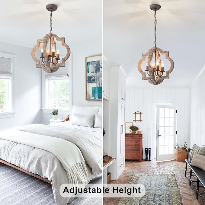 15.75" Oak Farmhouse Chandeliers for Dining Room Distressed Wood Pendant Light Fixture 4-Light Rustic Ceiling Hanging Light for Kitchen Island Bedroom Hallway Entryway Foyer E12*4