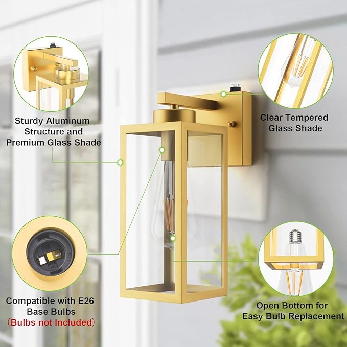 Tipace Dusk to Dawn Outdoor Wall Lantern, Exterior Wall Sconce Sensor Light Fixture, Golden Wall Mount Lights, Gold Outdoor Wall Lights with Clear Glass Shade for Garage, Doorway