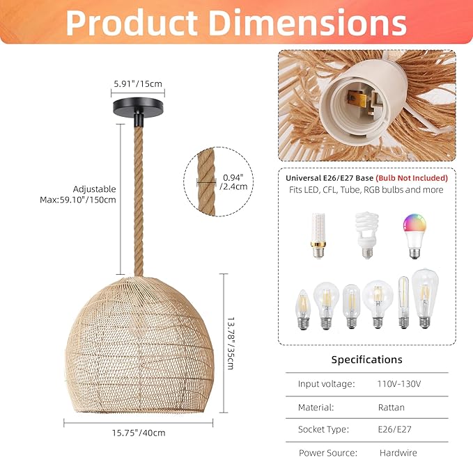 Arturesthome Natural Rattan Pendant Light for Kitchen Island, Woven Lamp Shade Chandelier, Hanging Ceiling Light, Handmade Lampshade Rope Lamp D15.7in*13.7in