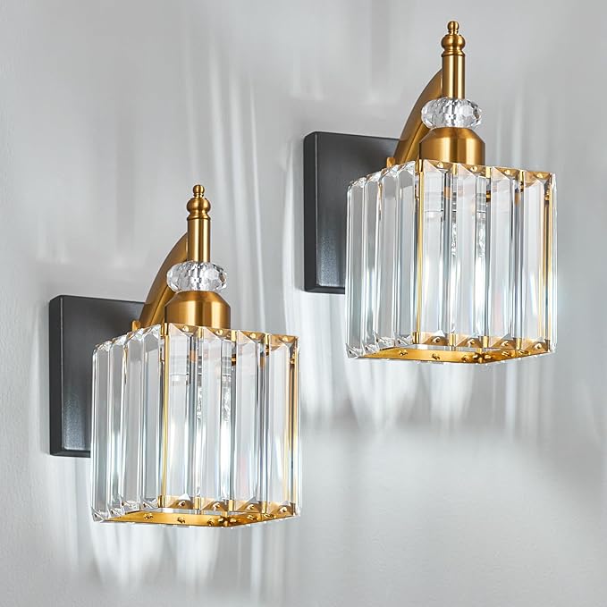 Modern Wall Sconces Set of Two Black Gold Indoor Wall Mounted Room Sconce Crystal Wall Lighting Bathroom Vanity Light Fixtures
