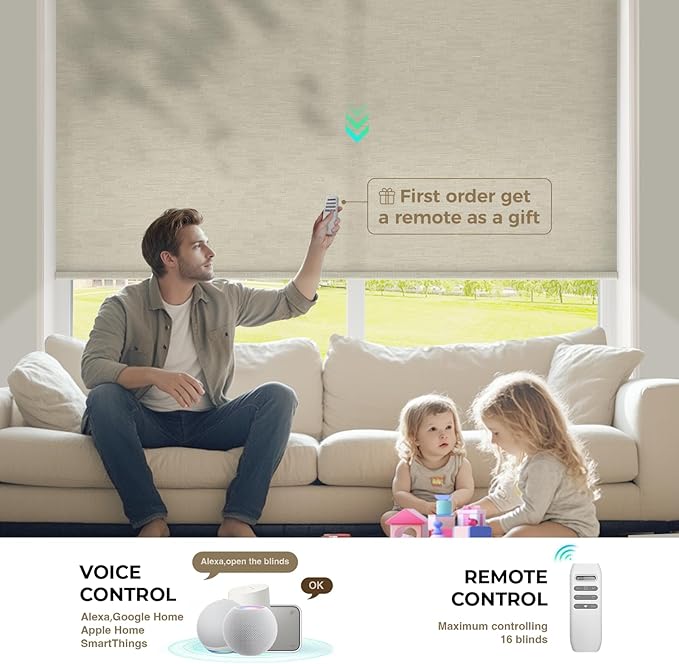 HeyBlinds Motorized Roller Shades, Smart Blinds for Windows, Remote Automatic Window Shades, Electric Shades, Light Filtering, Compatible with Alexa Google Apple Home (Moon River-Sand LF)