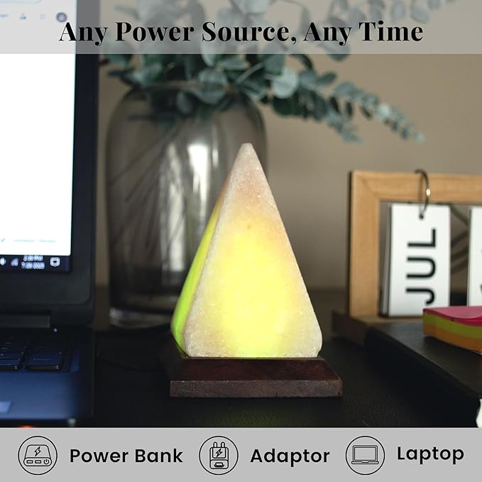 POHS Himalayan USB Mini Salt Lamp, 7 Color Changing LED Bulb, Hand Crafted Crystal Rock Salt Night Light for Home Decor, Desk, and Gift | Premium Quality Wood Base and USB Cable (Pyramid)