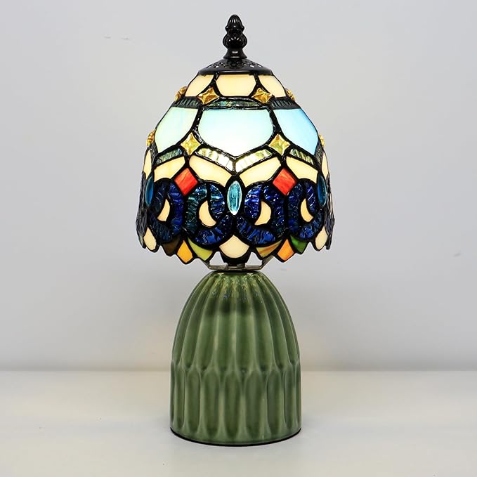 Tiffany Lamp Stained Glass Mushroom Table Lamps 6X6X12.5 Inch Blue Jewelry Baroque Style Small Night Light Ceramic Base Mini Accent Desk Light Suitable for Bedside Table Bedroom Children Room