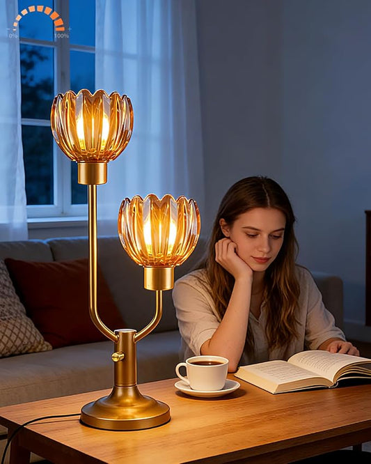 Lightdot Mid Century Modern Glass Table Lamp Gold Dimmable U-Shaped Desk Lamps with Brown Glass Shade& 2Pcs 3000K Warmwhite Bulbs Included Bedside Nightstand Lamp for Living Room Bedroom